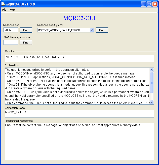 MQRC2 GUI main window